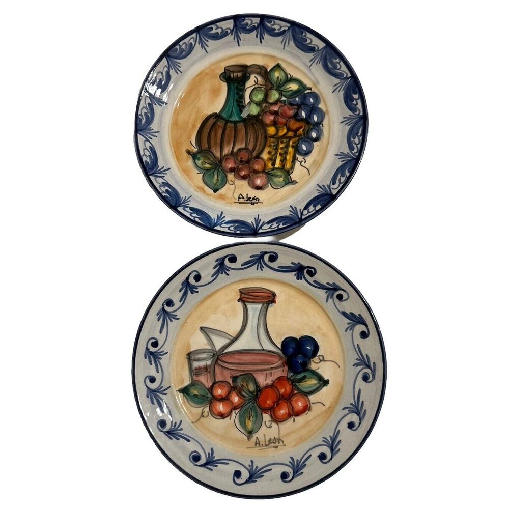 Blue & White wall Fruit Wine Plates 8”‎ Chinoiserie Kitchen Hand painted Signed